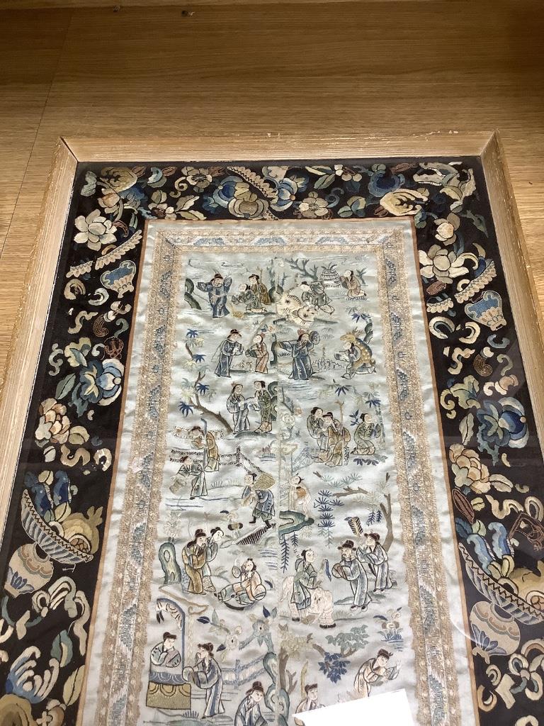 A 19th century Chinese embroidered silk panel, framed, 70 x 38cm